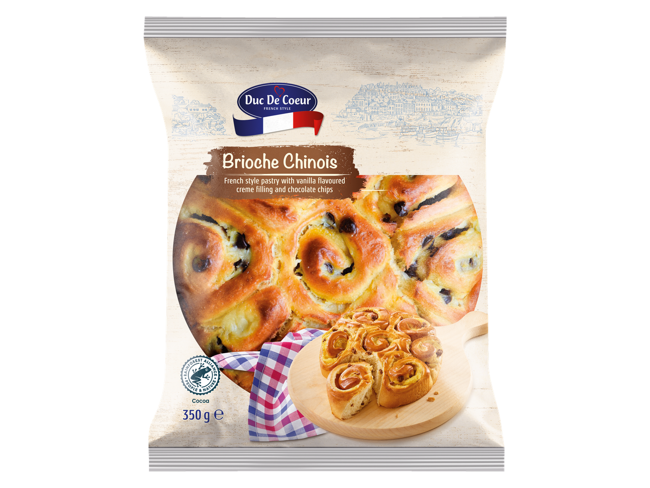 Duc De Coeur Brioche Chinois: Prancūziško stilia kepinys su vaniliniu kremu ir šokolado drožlėmis.