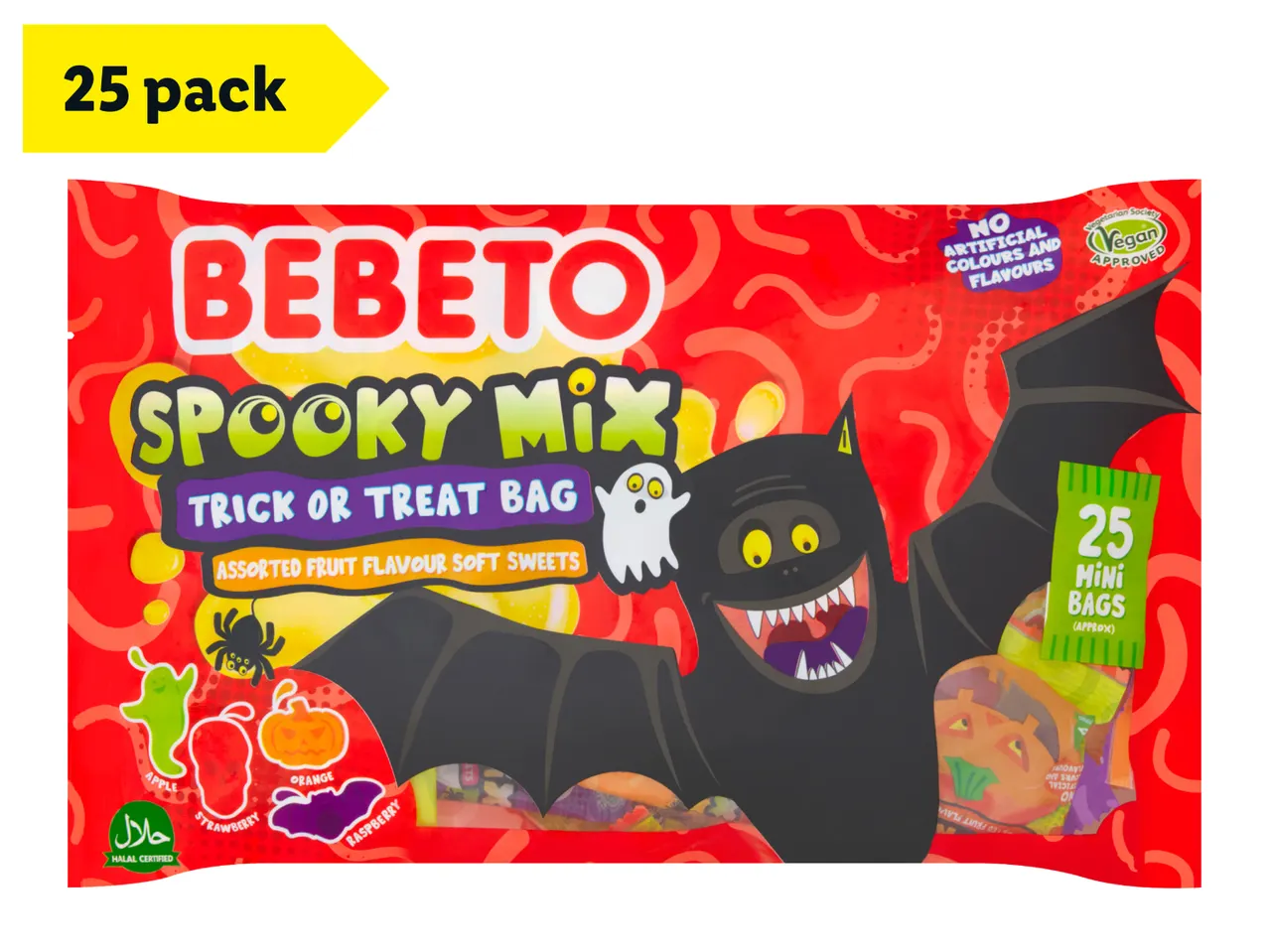A 25-pack of Halloween-themed assorted fruit flavour soft sweets.