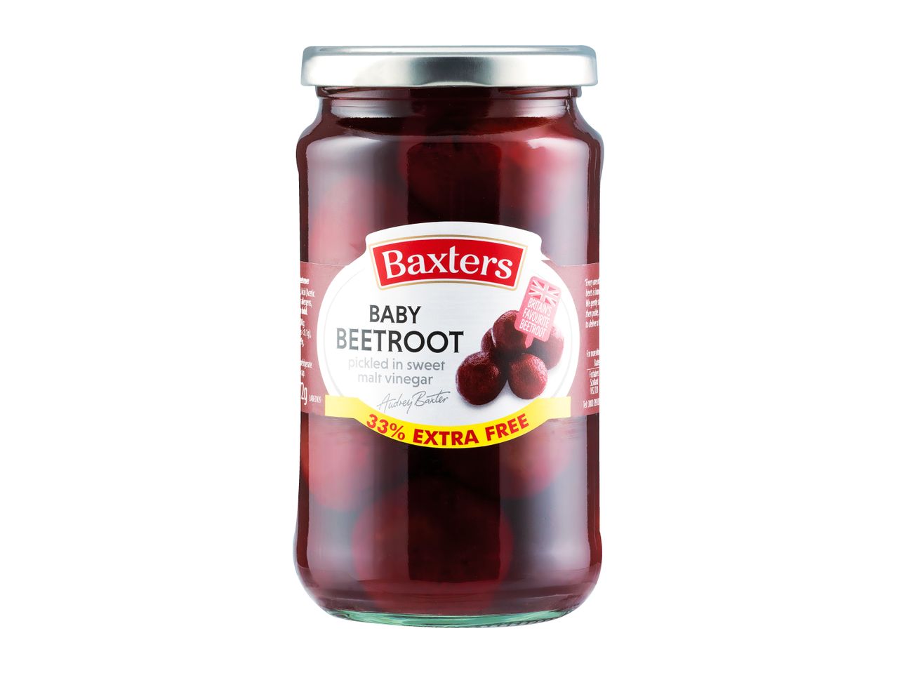 Jar of baby beetroot pickled in sweet malt vinegar, with '33% EXTRA FREE' on the label.