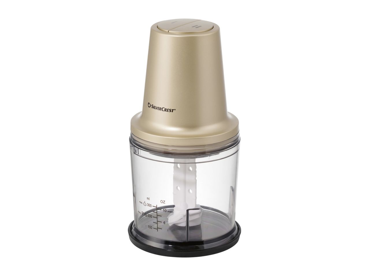 SilverCrest food chopper with a gold motor unit and clear measuring bowl