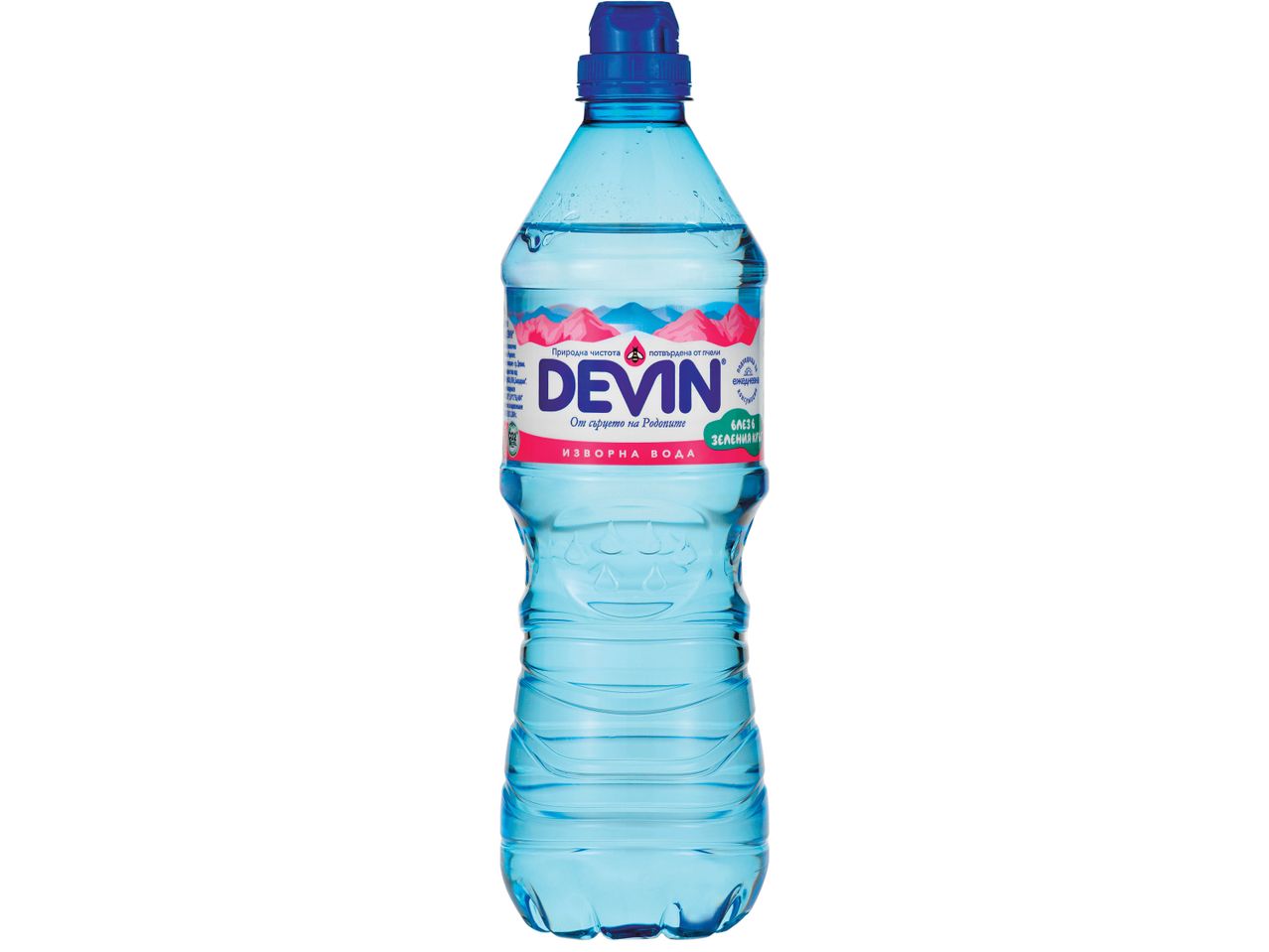 Бутилка вода Devin с етикет, изобразяващ планини и пчела.