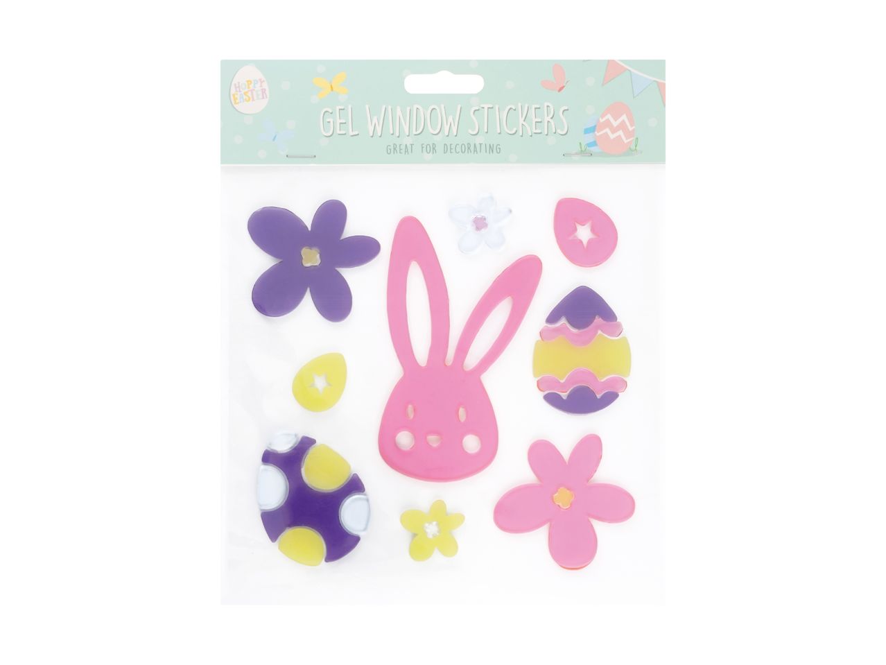 Easter gel window stickers featuring a pink bunny, colorful eggs, and flowers.