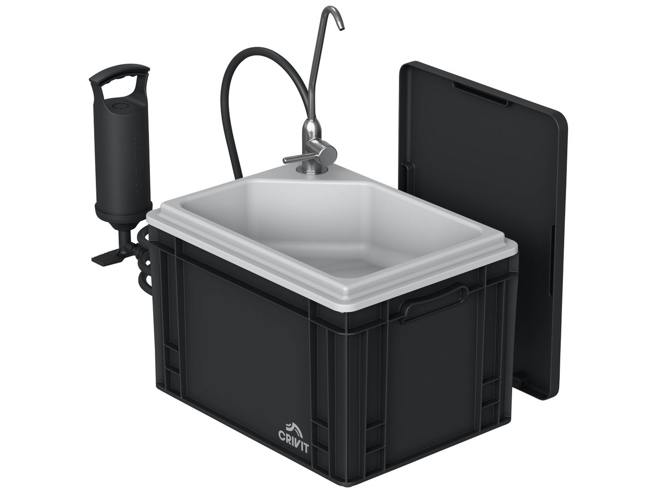 Un évier portable Crivit avec pompe à pied et robinet intégré, idéal pour le camping ou les situations sans eau courante.