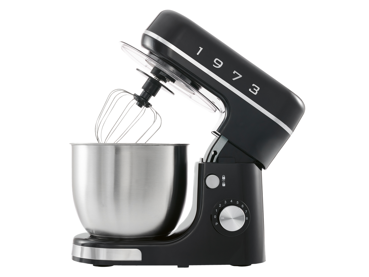 A black Silvercrest 650W stand mixer with a stainless steel bowl and whisk attachment.