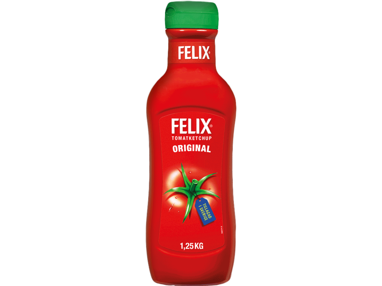 En röd flaska tomatketchup med en grön kork, en bild av en tomat och texten 'ORIGINAL' och '1,25 KG'.