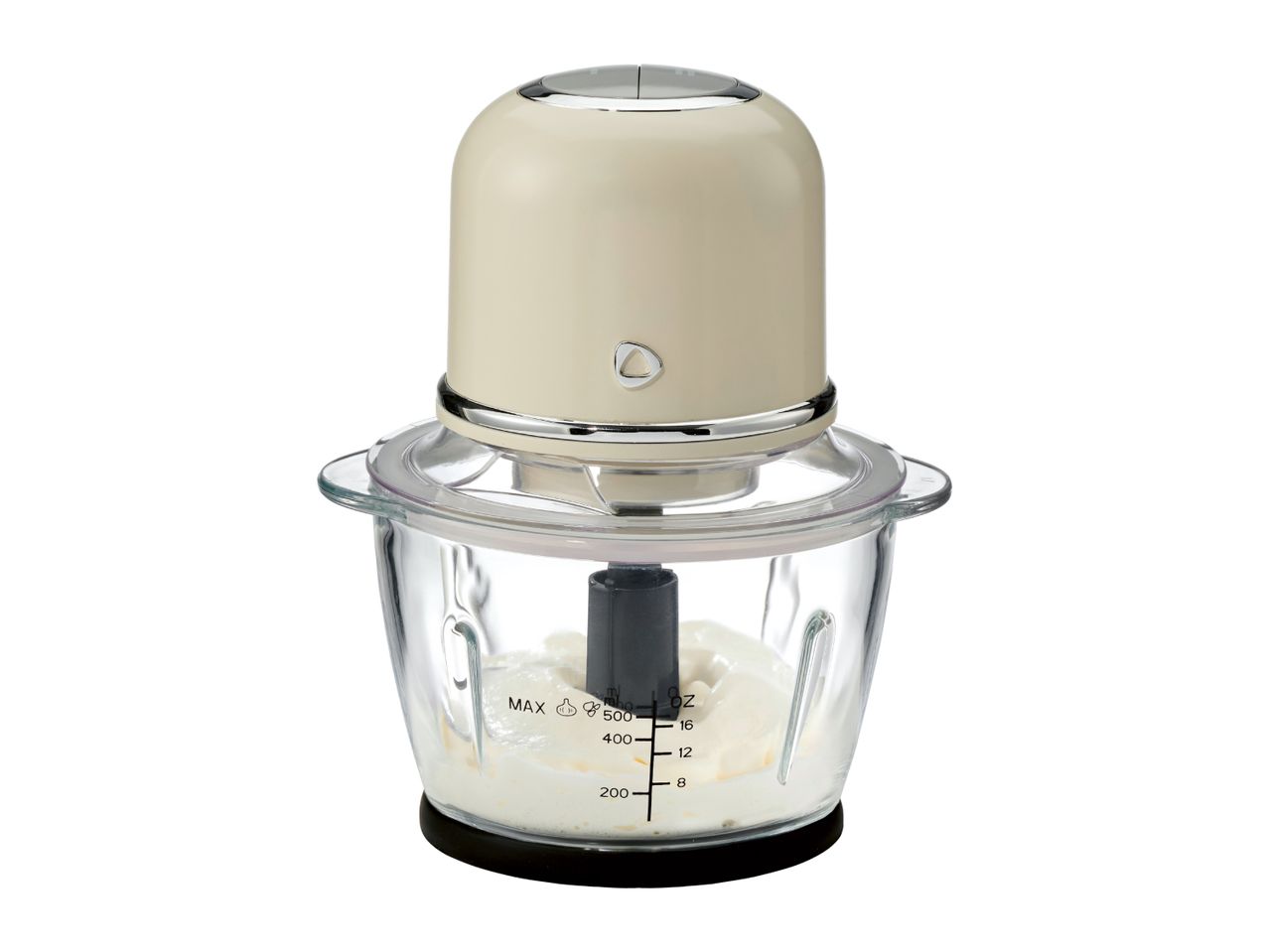 Electric food chopper with a glass bowl and cream-colored motor unit
