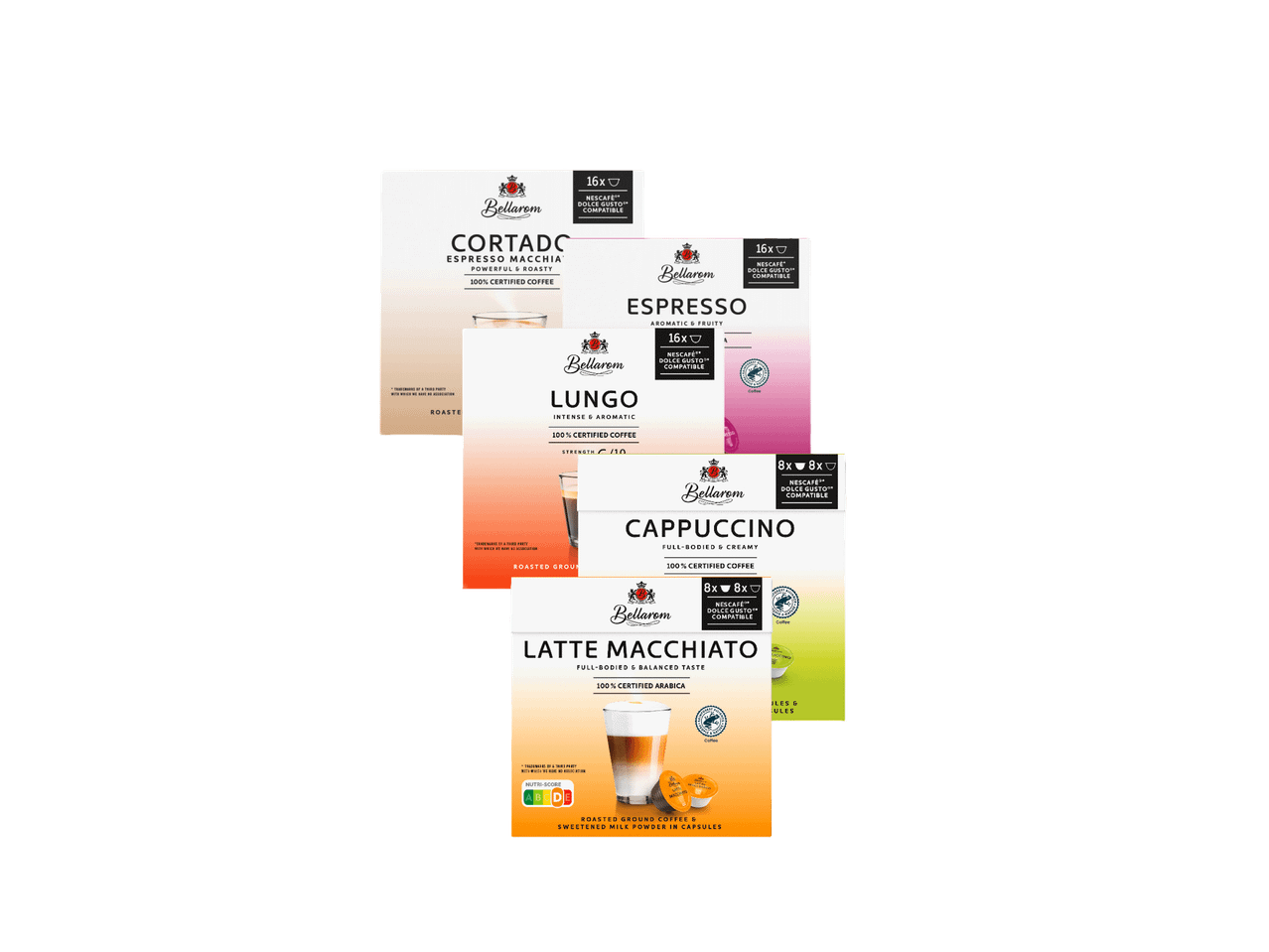 Kutije kapsula za kafu, uključujući kortado, espreso, lungo, kapućino i latte macchiato.