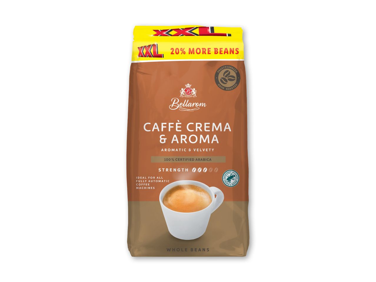 En pakke Dallmayr Café Crema & Aroma kaffe.