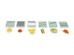 Vegetable slicer attachments and various cut vegetables: diced potatoes, bell pepper, sliced potatoes, julienned zucchini, sliced cucumber, and shredded carrots.