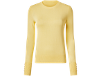 Sárga, hosszú ujjú női pulóver kerek nyakkivágással és gombokkal a mandzsettán.