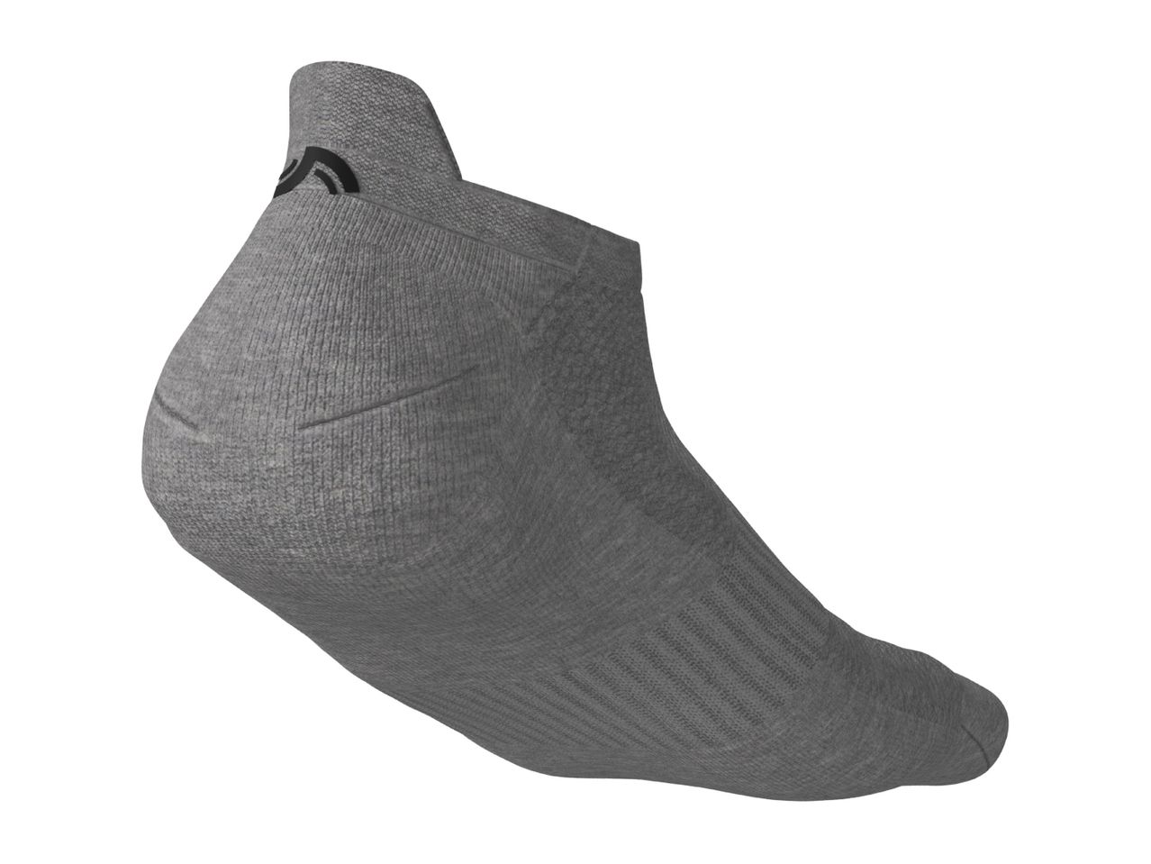 A single grey ankle sock with a black logo on the heel, viewed from the side.