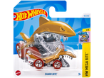 Hot Wheels Shark Bite toy car, gold with red wheels, in packaging.