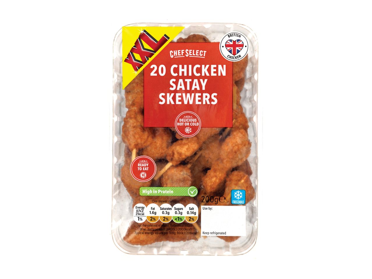 20 chicken satay skewers, XXL pack, high in protein, delicious hot or cold, freezable.