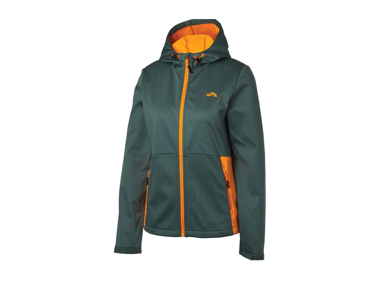 A teal Softshell hooded jacket with orange accents.