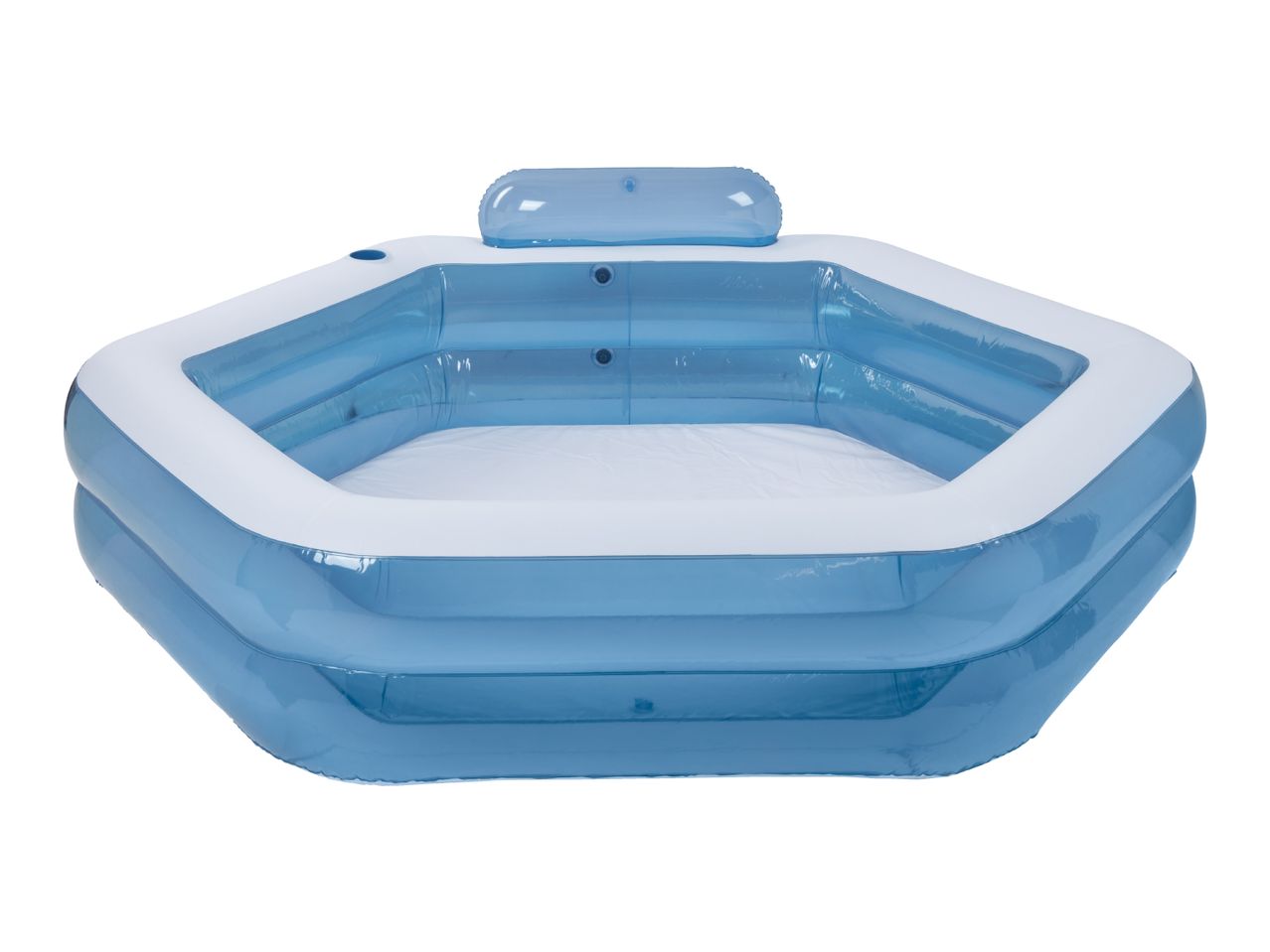 Blue and white inflatable hexagonal swimming pool with a headrest.