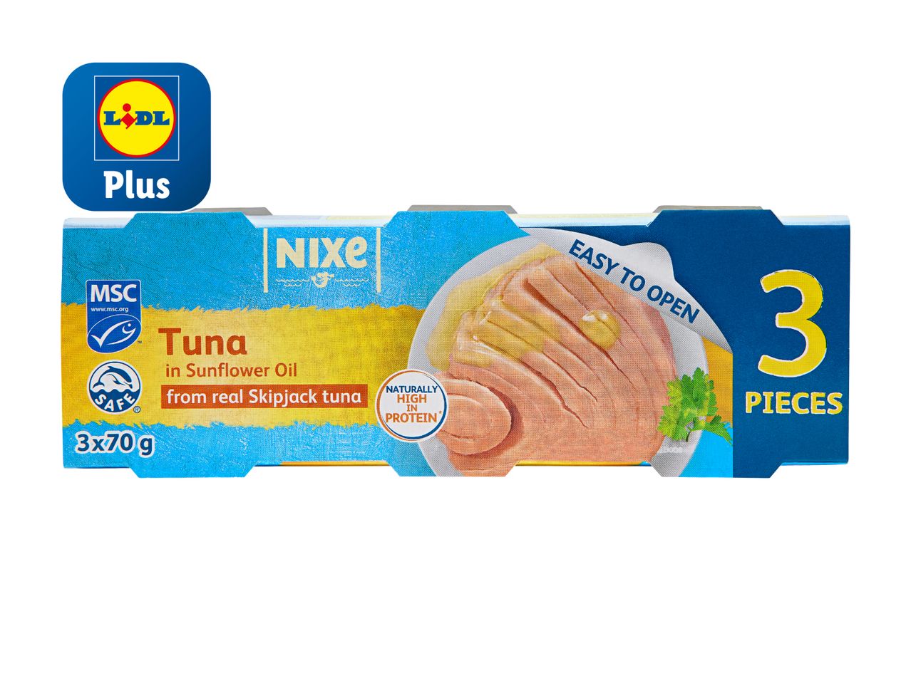 Lidl Plus Nixe Thunfisch in Sonnenblumenöl: 3 x 70g Dosen.