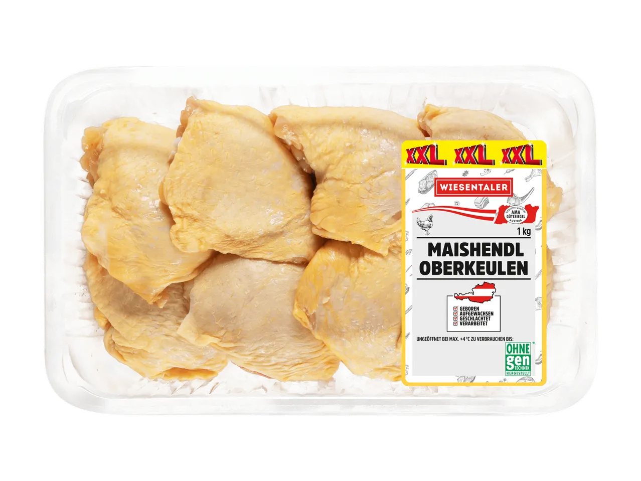 Hähnchen-Oberkeulen in einer Packung mit der Aufschrift „XXL“, „1 kg“ und „Ohne Gentechnik hergestellt“.