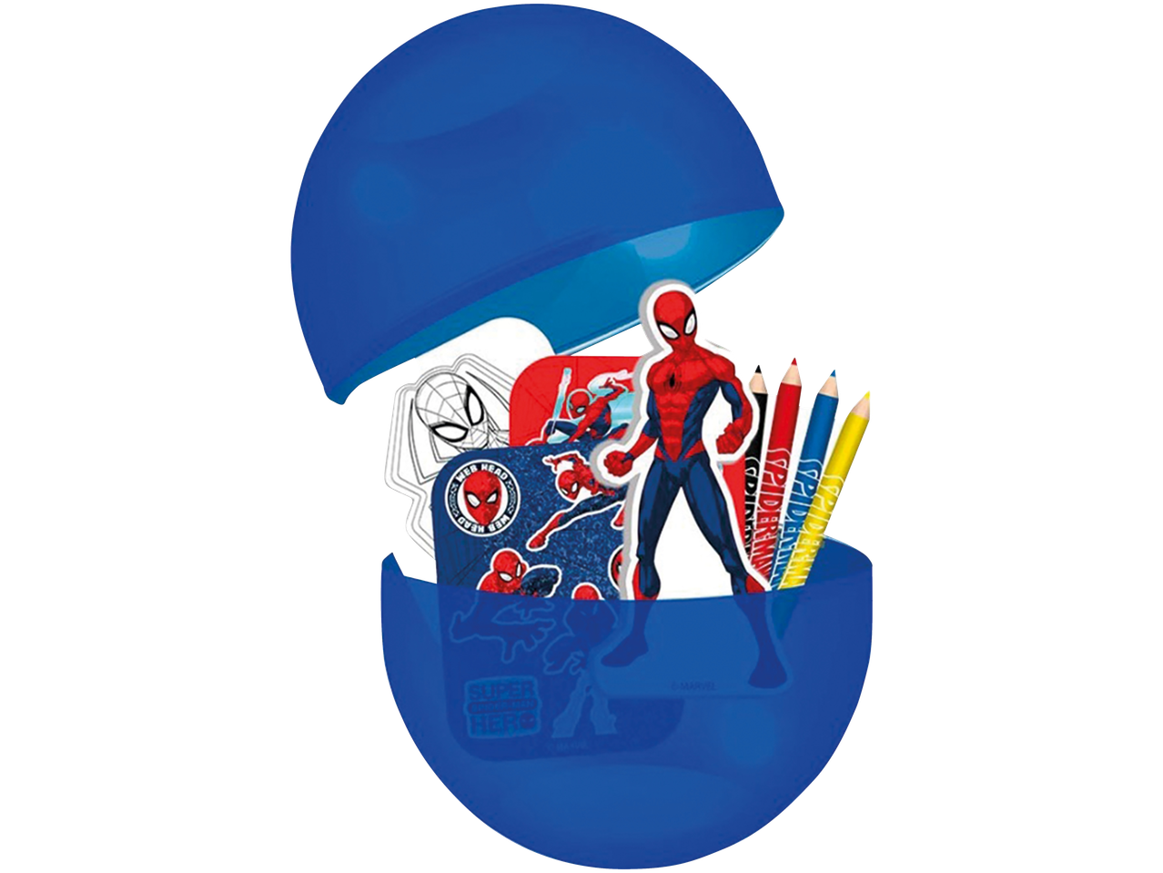 Set de papetărie cu tematică Spider-Man într-un ou de plastic albastru: autocolante, figurină și creioane colorate.