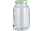 Dozator de băuturi din sticlă transparentă cu capac verde deschis și robinet cromat, marcat „QUALITY EST 1876 GLASSWARE”.