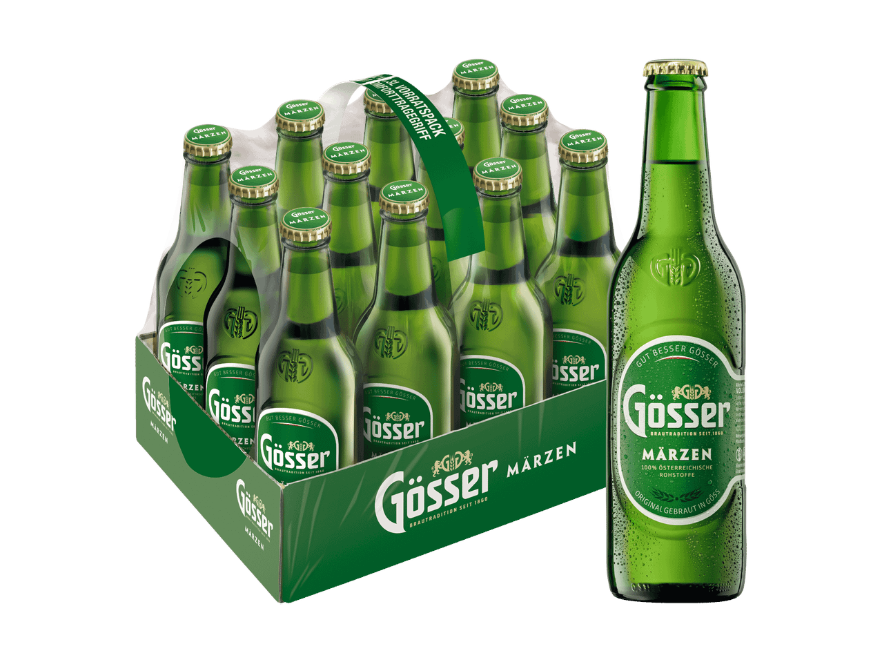 Ein Karton mit zwölf grünen Gösser Märzen Bierflaschen und eine einzelne Flasche daneben.