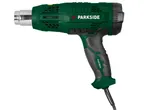 Зелен пистолет за горещ въздух Parkside® с черен захват и сребрист накрайник.