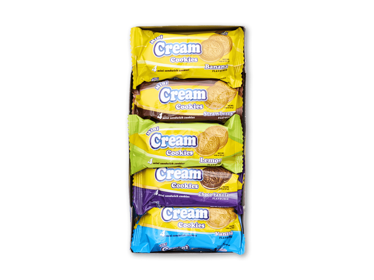 En kasse med fem pakker mini-sandwichkiks i forskellige smagsvarianter: banan, jordbær, citron, choko-vanilje og vanilje.