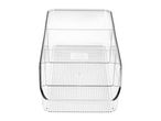 Clear plastic storage container with dividers, viewed from above.