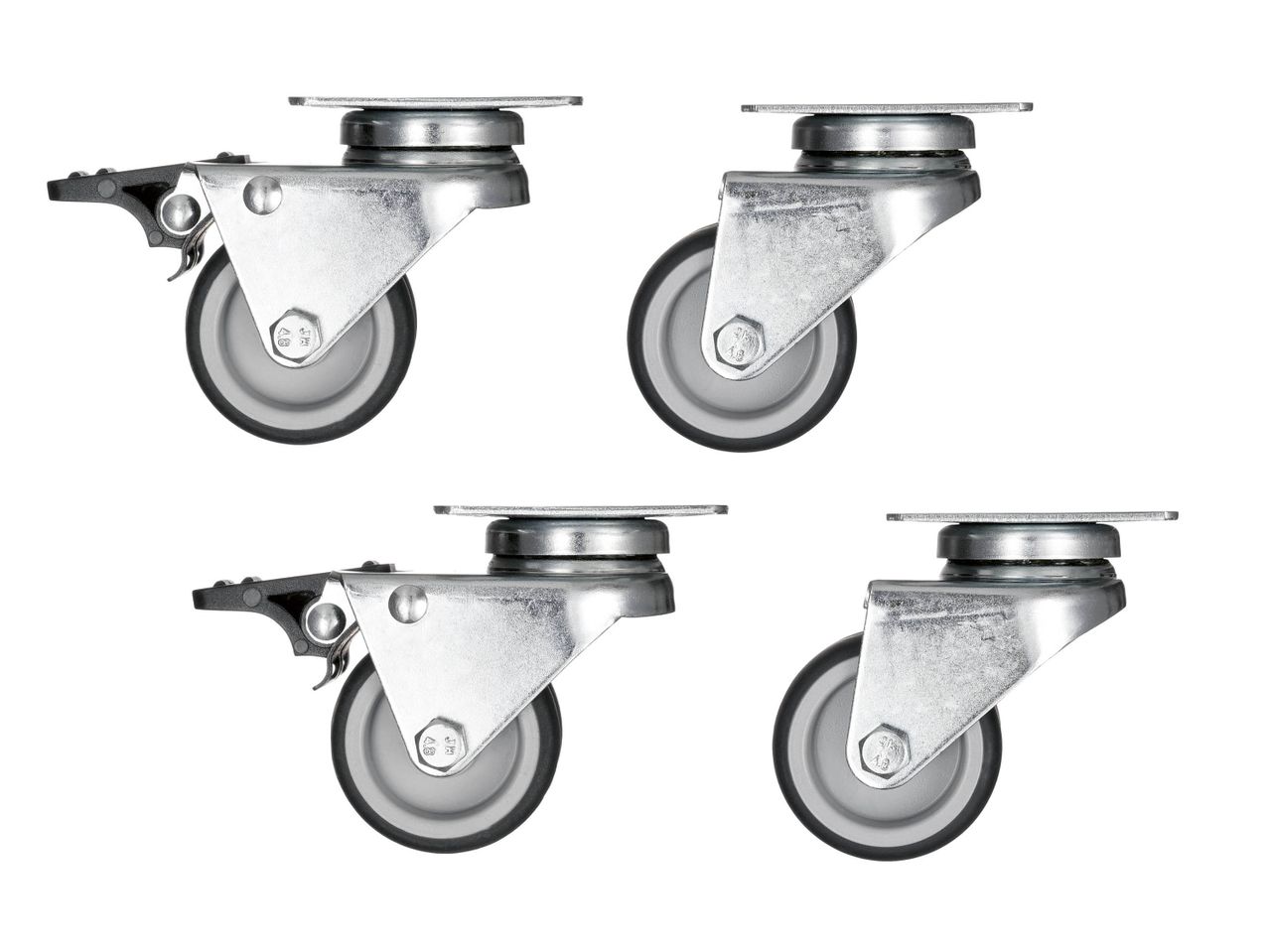 Four metal casters with grey wheels, two with brakes and two without.