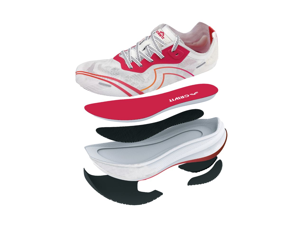 Exploded view of a white and pink running shoe, showing its layers: upper, insole, and sole.