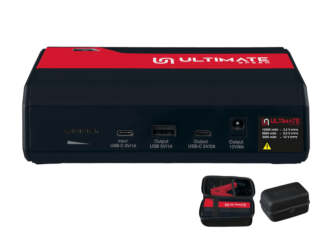 Avviatore portatile con funzione power bank e accessori in una custodia