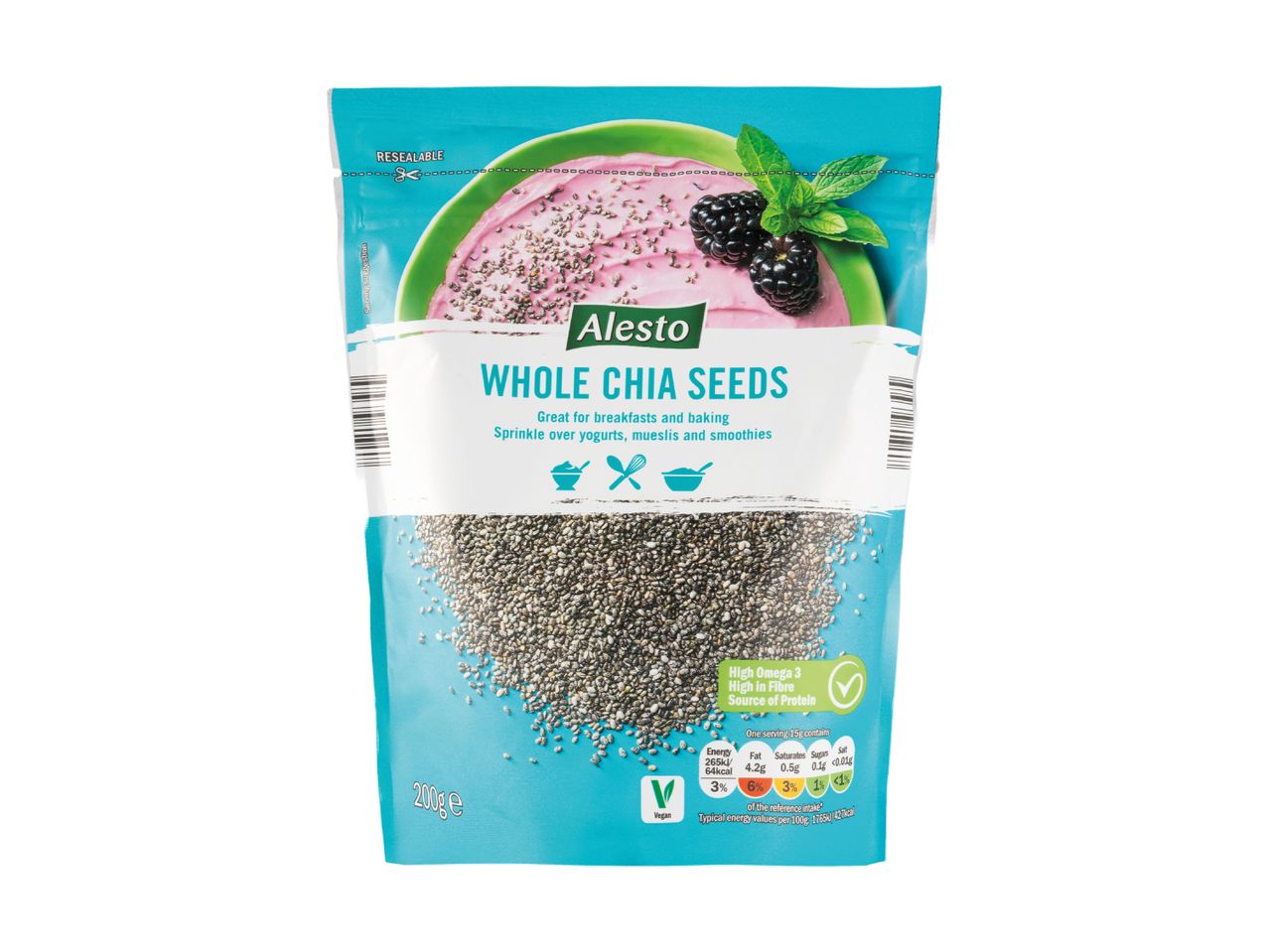 A resealable bag of whole chia seeds, with a serving suggestion of chia pudding with berries and mint.