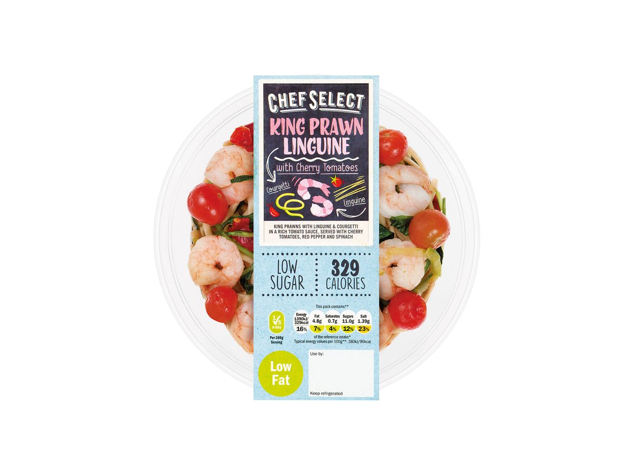 Chef Select: King Prawn Linguine with cherry tomatoes; low sugar, low fat.