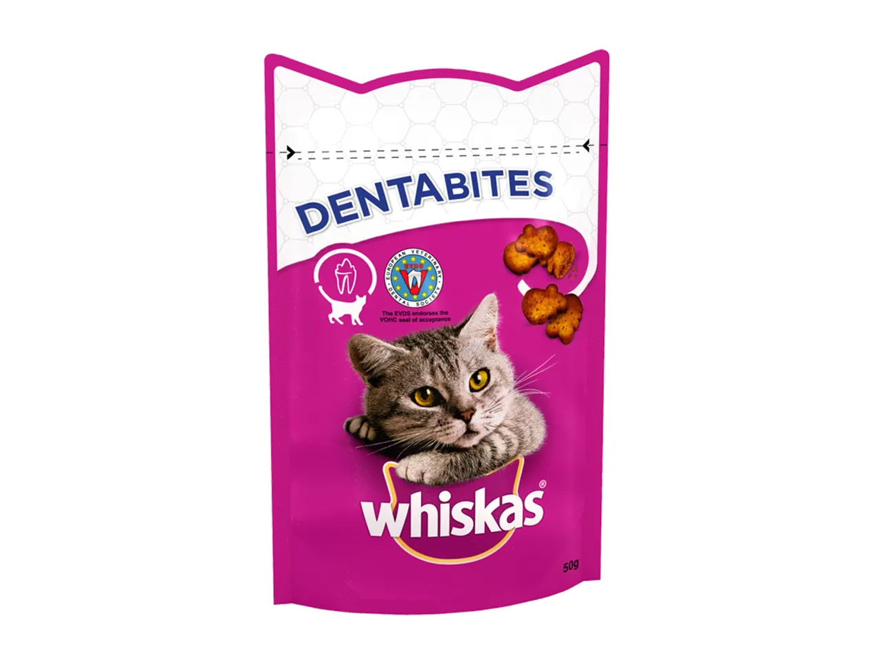 Whiskas Dentabites cat treats for dental care.