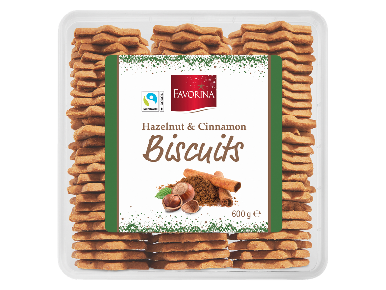 Favorina lazdyno riešutų ir cinamono sausainiai skaidriame plastikiniame padėkle, 600g.