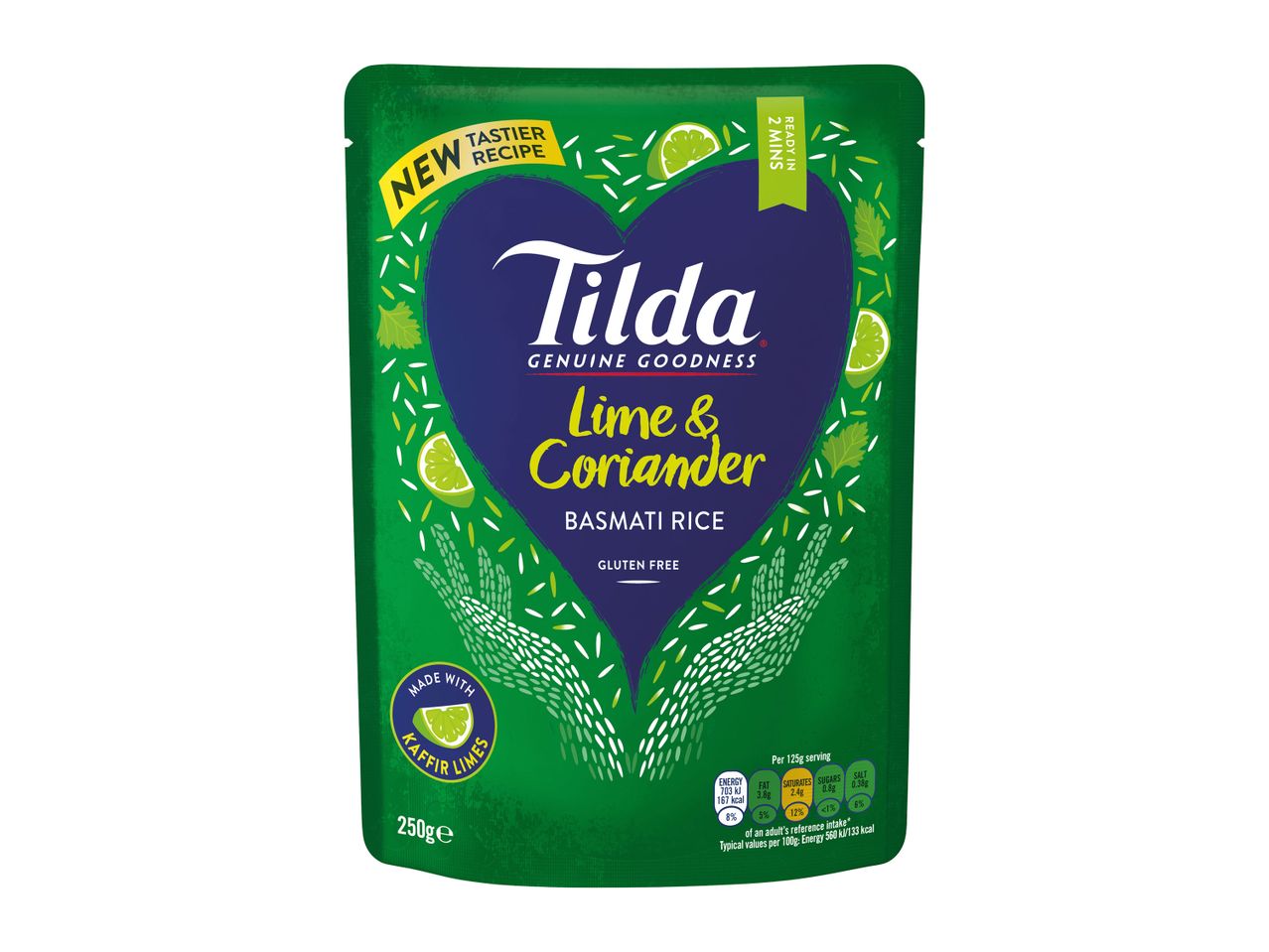 Tilda Lime & Coriander Basmati Rice pouch, new tastier recipe, ready in 2 minutes, gluten-free.