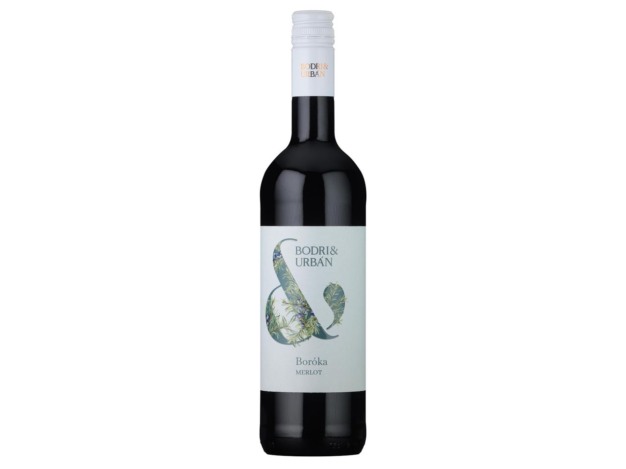 Bodri & Urbán Boróka Merlot vörösbor fehér címkével és kupakkal.