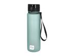 Light blue water bottle with a black lid and strap, featuring a white logo.
