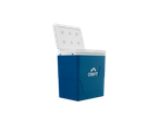 Blue Crivit portable cooler with open lid.
