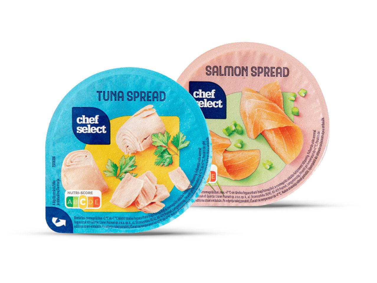 Dva pakiranja namaza, jedan s tunom i drugi s lososom, s logotipom Chef Select.