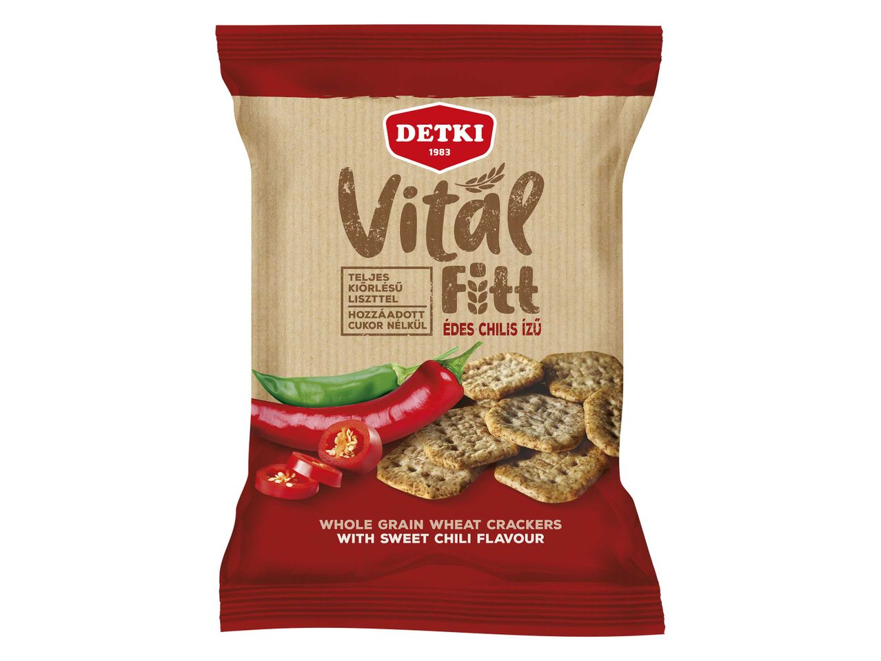 Detki Vital Fitt teljes kiőrlésű kekszek édes chilis ízzel.