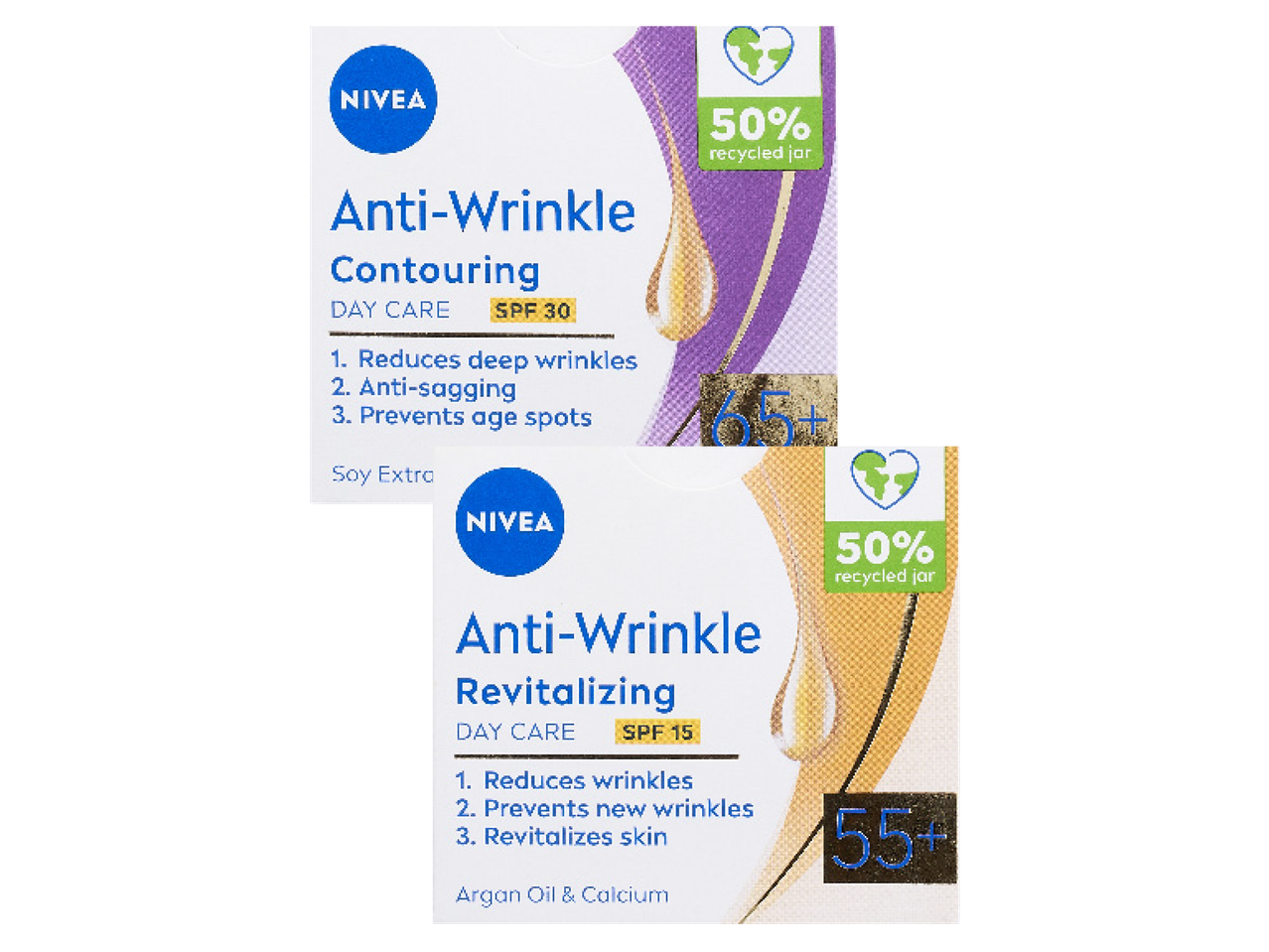 Kaks Nivea Anti-Wrinkle päevakreemi: Contouring SPF 30 (65+) ja Revitalizing SPF 15 (55+).