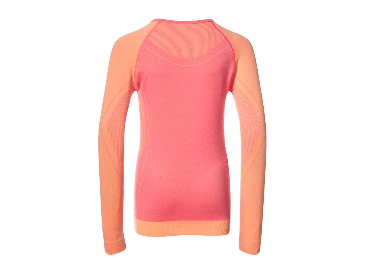 Back view of a two-tone long-sleeved athletic shirt in coral and peach.