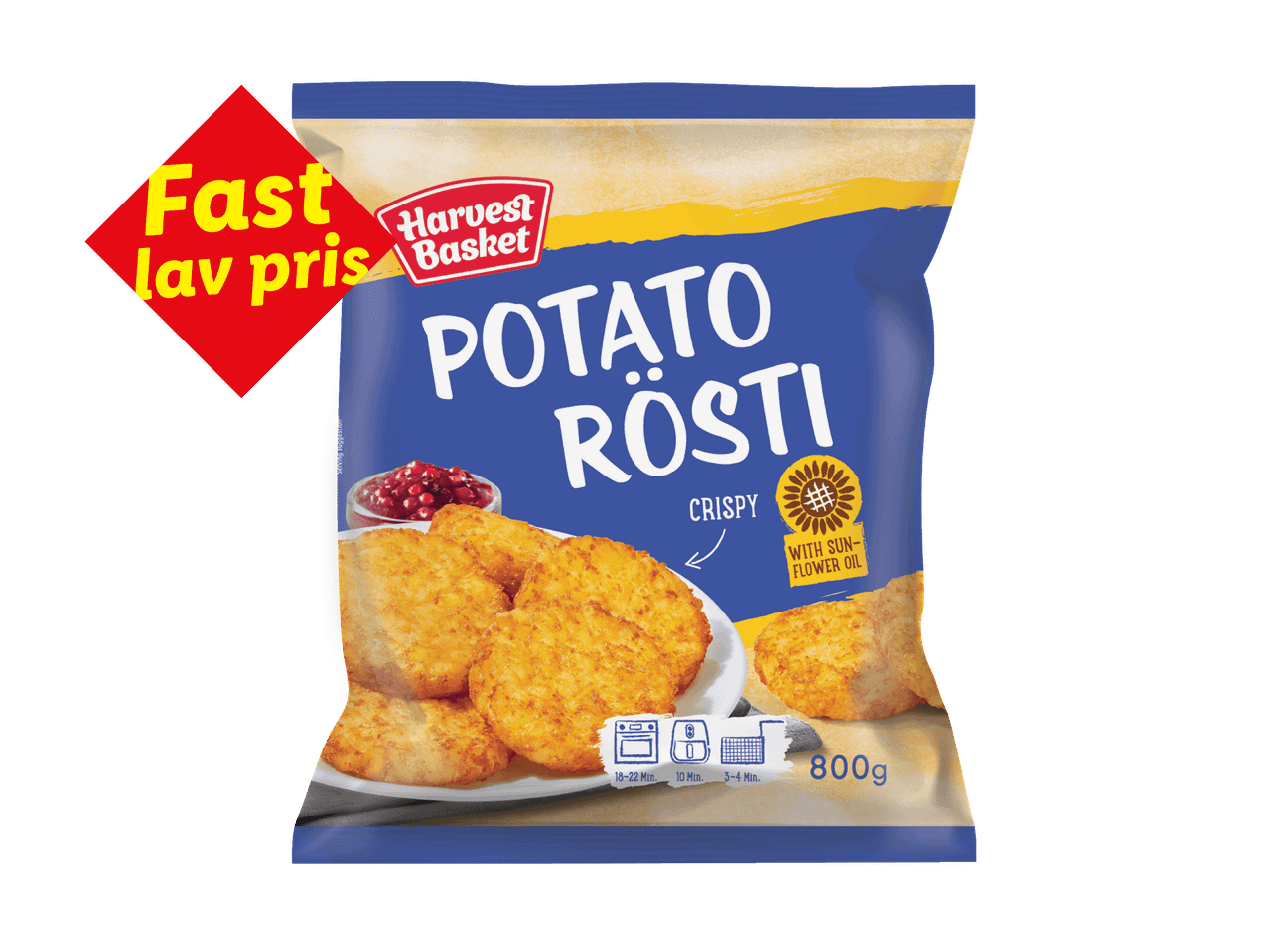 En pose med sprøde kartoffelrösti med solrosolie, 800g, og et rødt mærke med teksten 'Fast lav pris'.