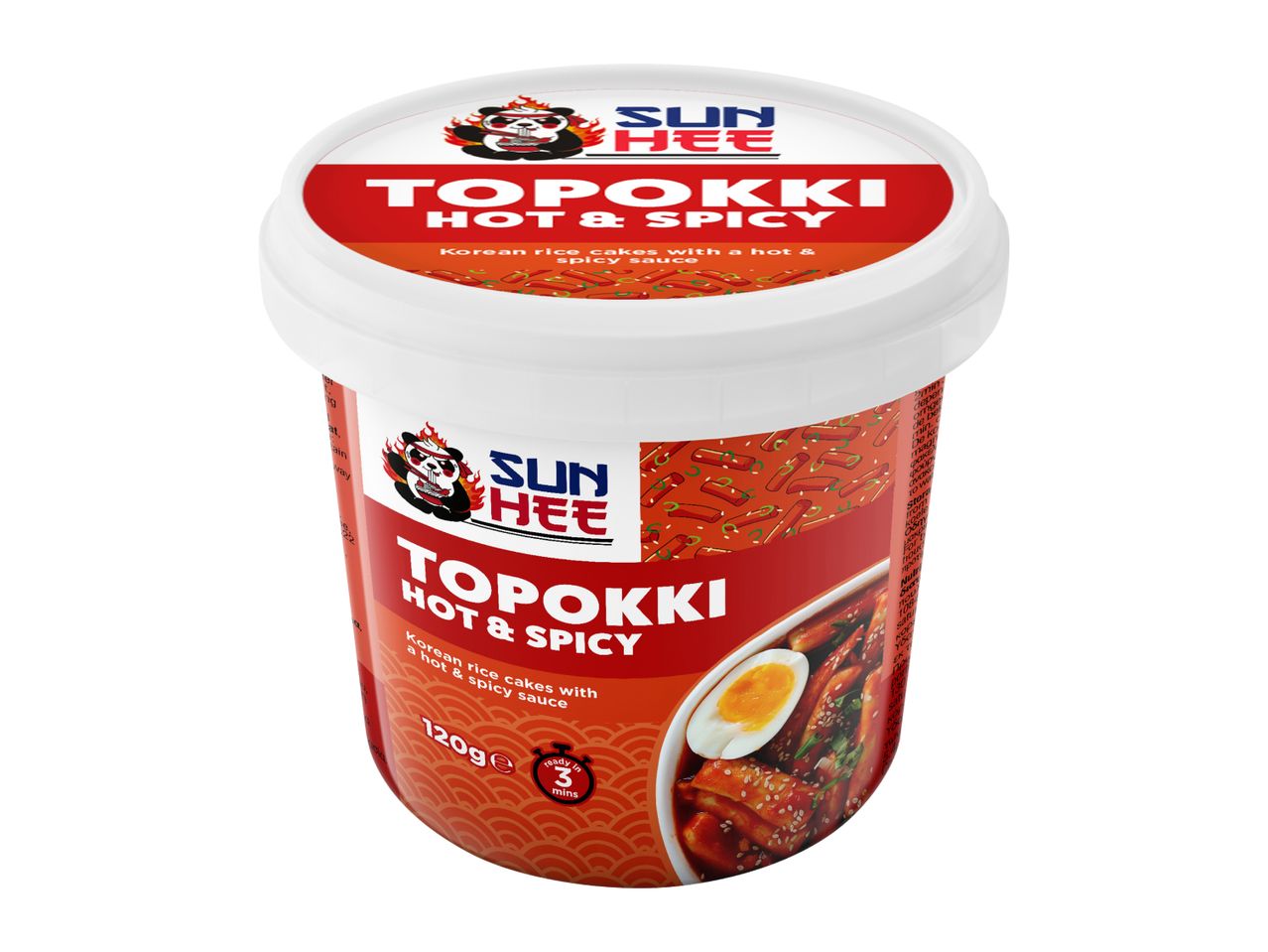 Hot & Spicy Tteokbokki cup with Korean rice cakes and a boiled egg.