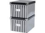 Two stackable striped storage boxes with labels.