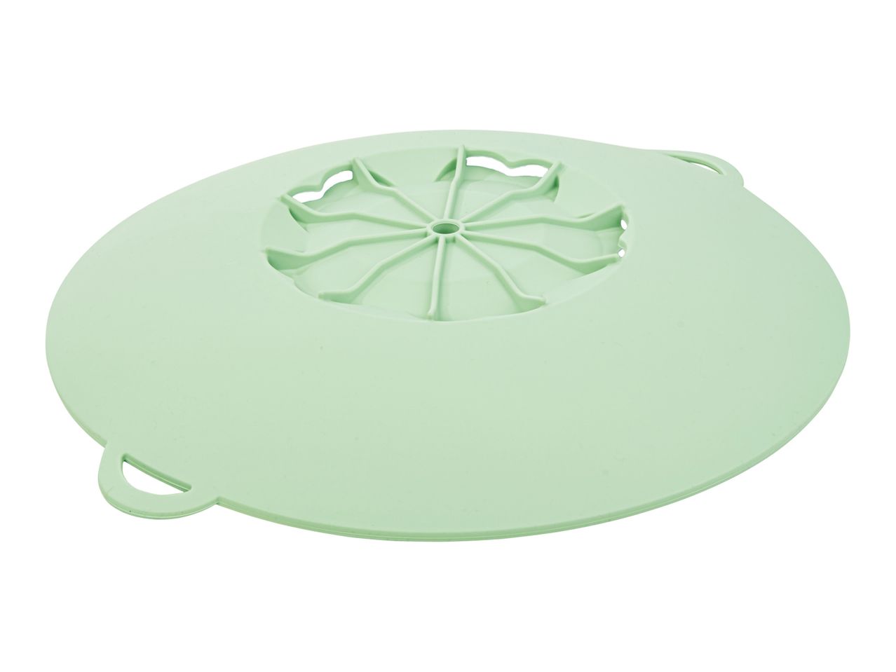 A light green silicone steamer lid with a central vent.