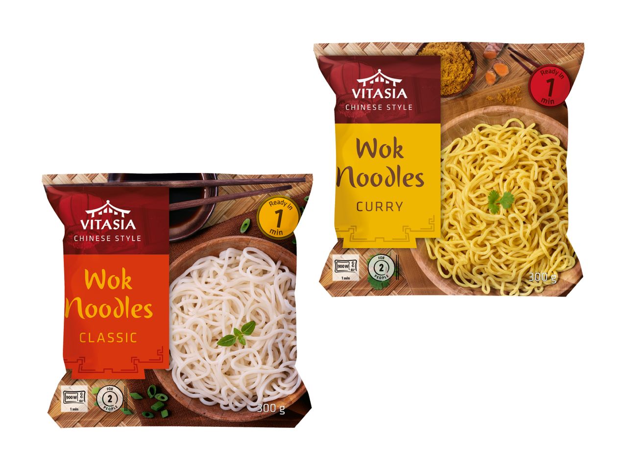 Zwei Packungen Vitasia Wok Nudeln, chinesischer Stil, in den Geschmacksrichtungen Classic und Curry.