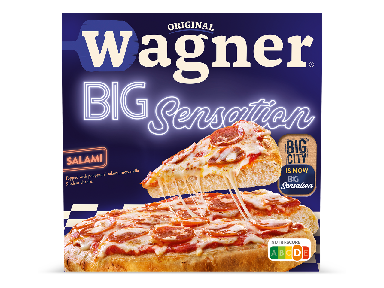 Een pizza met salami en kaas, met de tekst 'BIG Sensation' in neonletters.