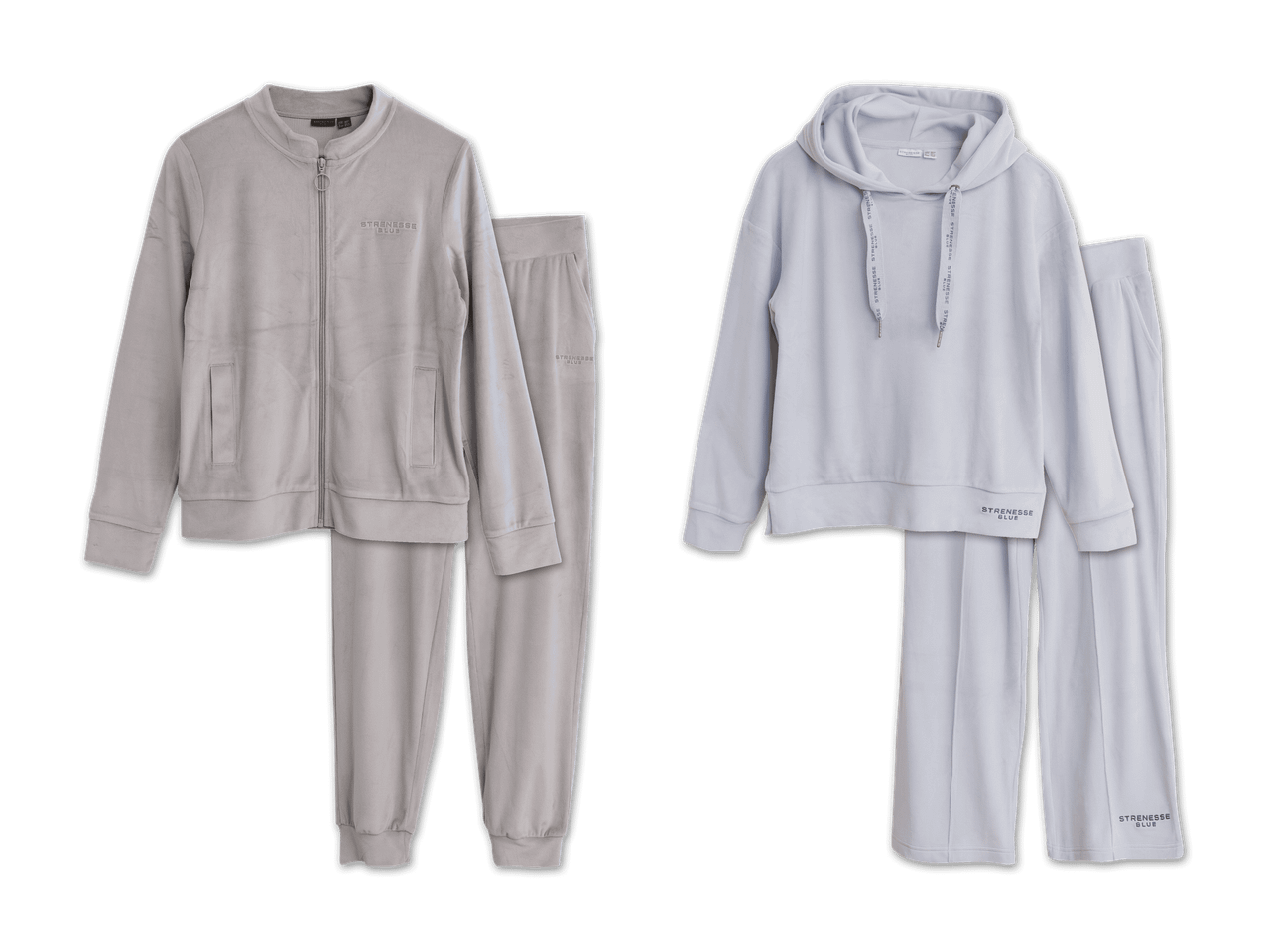 Zwei STRENESSE BLUE Trainingsanzüge in Grau und Hellblau, bestehend aus Jacke und Hose.