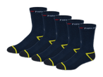 Fünf Paar dunkelblaue Socken mit gelben Akzenten.